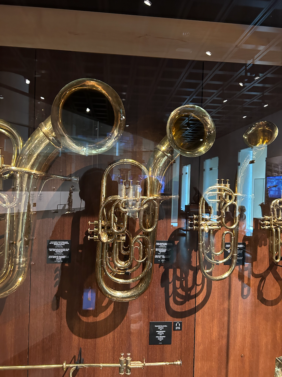 Photograph of (a) brass instrument(s) from the Musical Instruments Museum in Brussels, Belgium