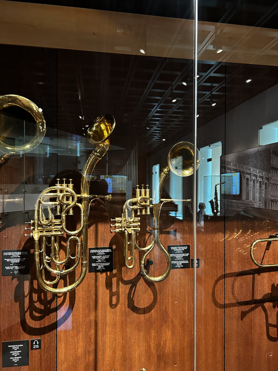 Photograph of (a) brass instrument(s) from the Musical Instruments Museum in Brussels, Belgium