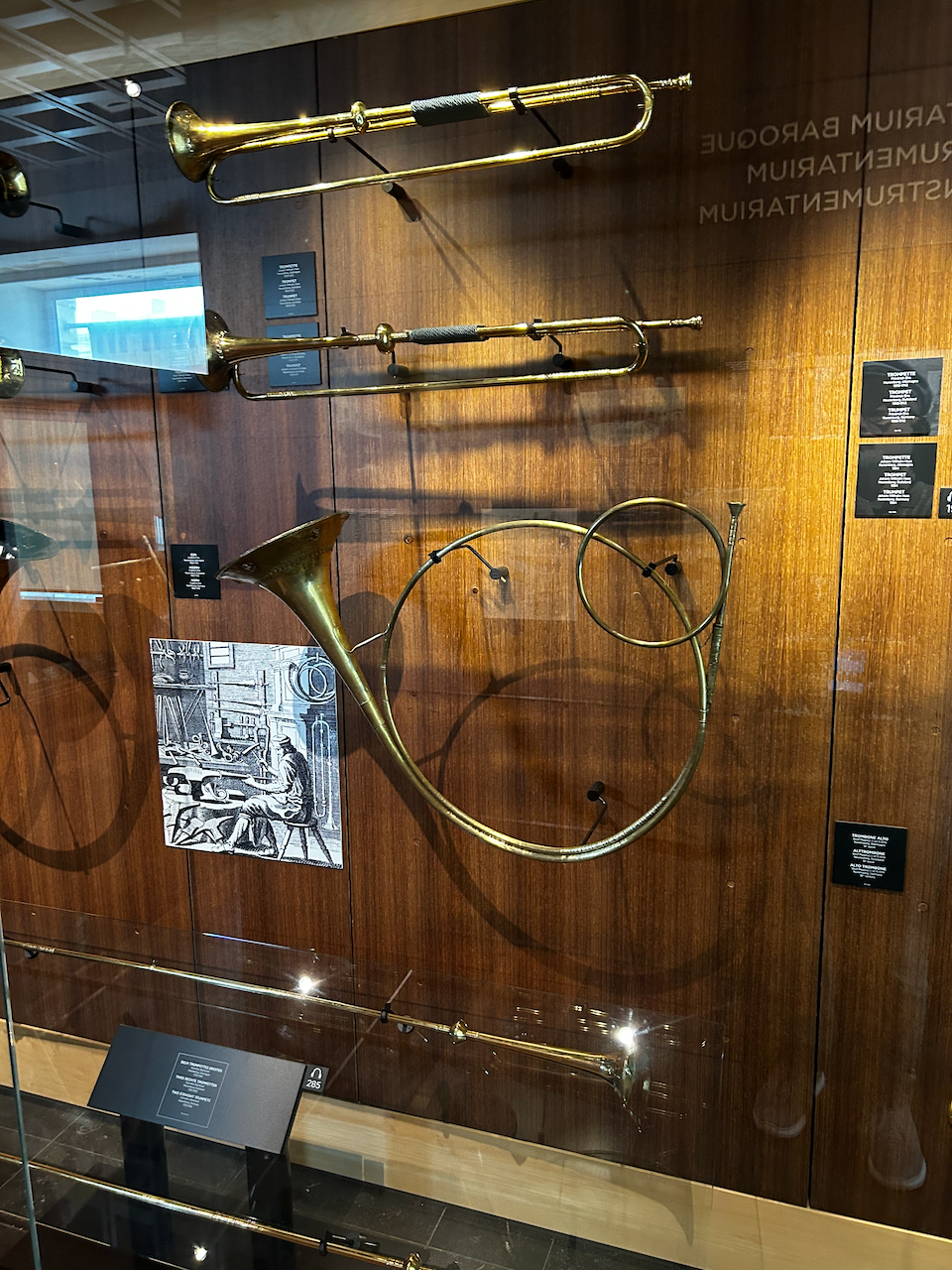 Photograph of (a) brass instrument(s) from the Musical Instruments Museum in Brussels, Belgium